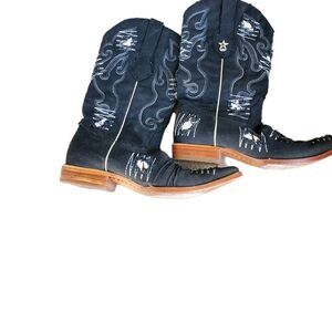 Los Altos Black Denim Embroidered Cowboy Western Boots Size 10